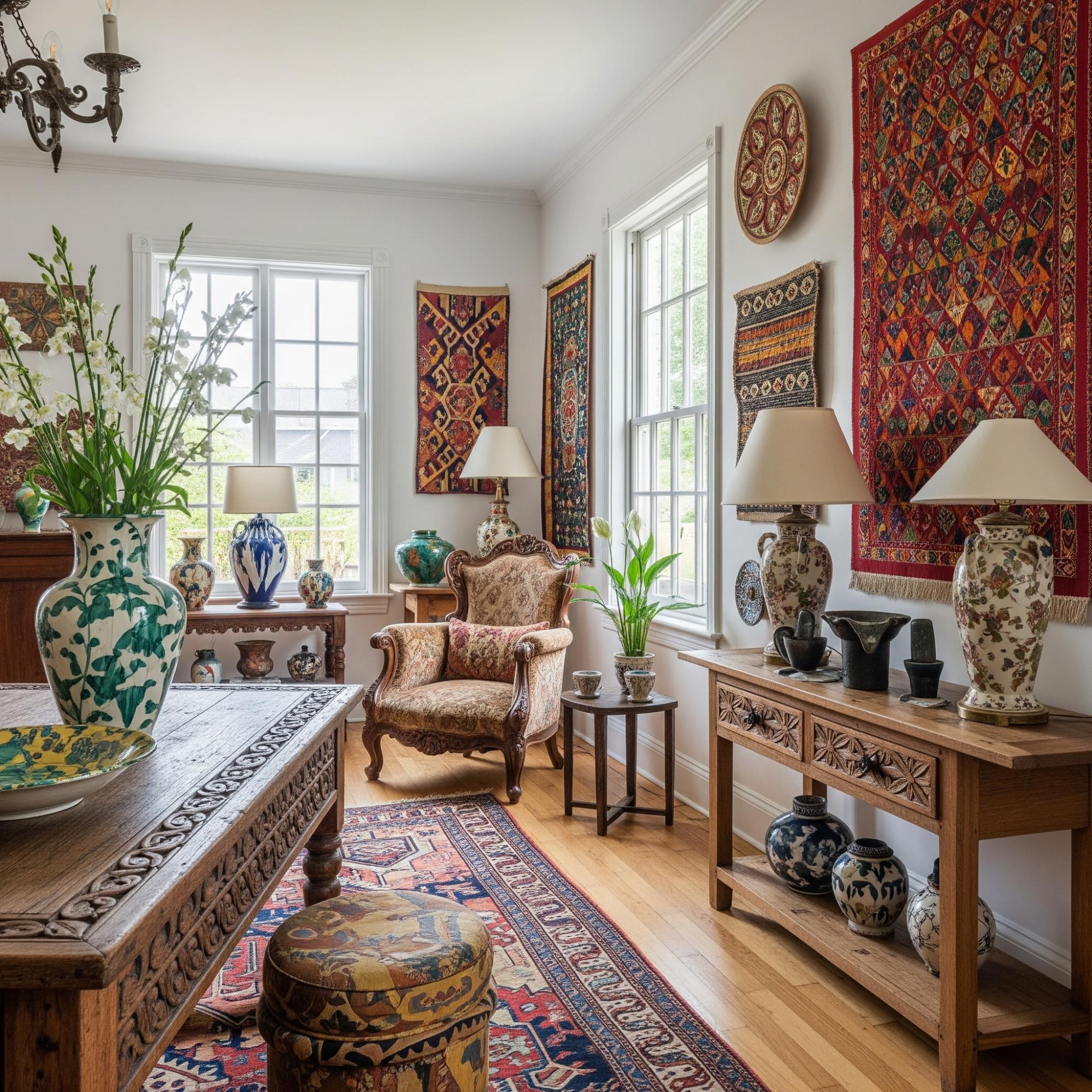A beautifully decorated room featuring oriental rugs and handcrafted artisanal furniture, showcasing elegant home decor.