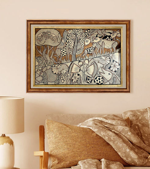 Handcrafted Bengal Patachitra painting featuring wildlife, showcasing earthy tones, hung above a cozy bed.